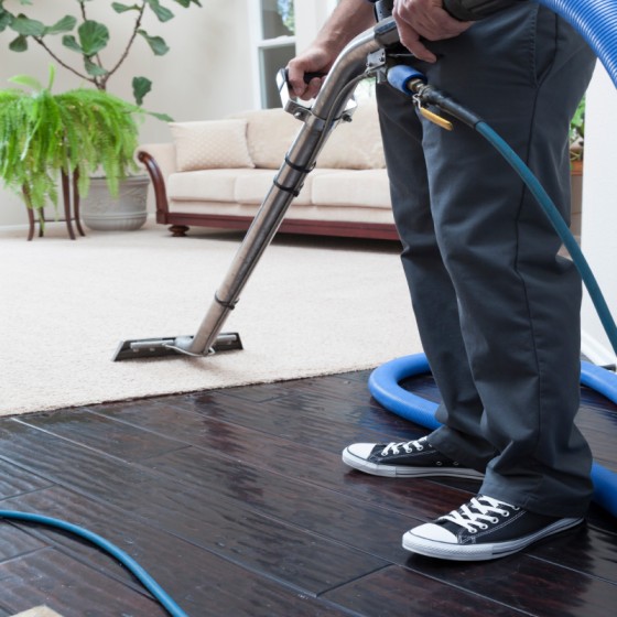 Person using carpet cleaning machine on floor.